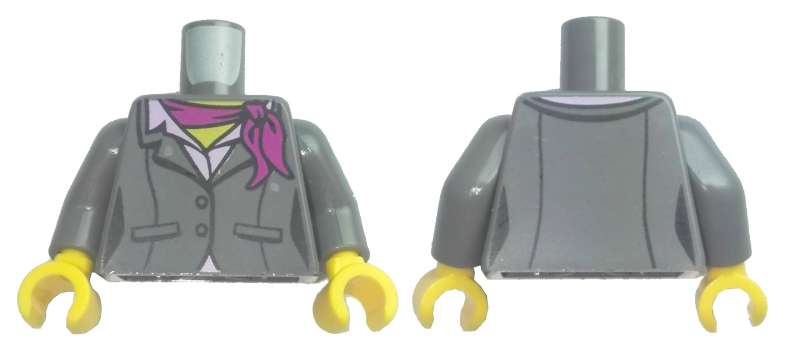 Display of LEGO part no. 973pb3158c01 Torso Suit Jacket, Two Buttons, Pink Shirt and Magenta Scarf Pattern, Black Vertical Lines / Arms / Yellow Hands  which is a Dark Bluish Gray Torso Suit Jacket, Two Buttons, Pink Shirt and Magenta Scarf Pattern, Black Vertical Lines / Arms / Yellow Hands 