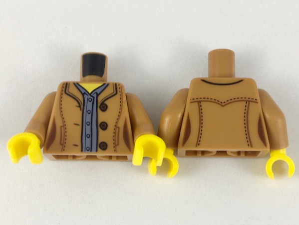 Display of LEGO part no. 973pb3164c01 Torso Female Jacket Open with 3 Buttons over Sand Blue Shirt Pattern / Arms / Yellow Hands  which is a Medium Nougat Torso Female Jacket Open with 3 Buttons over Sand Blue Shirt Pattern / Arms / Yellow Hands 