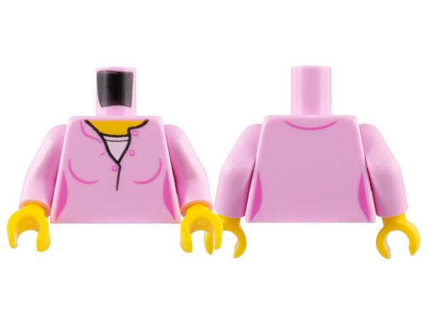 Display of LEGO part no. 973pb3165c01 which is a Bright Pink Torso Female Top with Yellow Neck and White Undershirt Pattern / Arms / Yellow Hands 