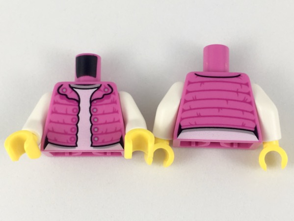 Display of LEGO part no. 973pb3166c01 Torso Female Vest with Magenta Gathers, Silver Snaps, White Shirt Pattern / White Arms / Yellow Hands  which is a Dark Pink Torso Female Vest with Magenta Gathers, Silver Snaps, White Shirt Pattern / White Arms / Yellow Hands 