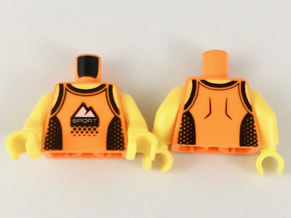 Display of LEGO part no. 973pb3169c01 Torso Tank Top with Black Straps and Side Panels, 'SPORT' Logo with White Mountains Pattern / Yellow Arms / Yellow Hands  which is a Orange Torso Tank Top with Black Straps and Side Panels, 'SPORT' Logo with White Mountains Pattern / Yellow Arms / Yellow Hands 