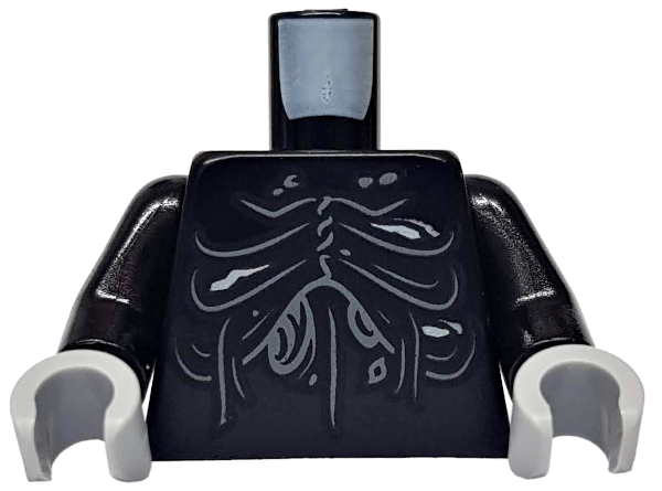 Display of LEGO part no. 973pb3222c01 Torso Cascading Folds with Sores and Drainage Pattern / Arms / Light Bluish Gray Hands  which is a Black Torso Cascading Folds with Sores and Drainage Pattern / Arms / Light Bluish Gray Hands 