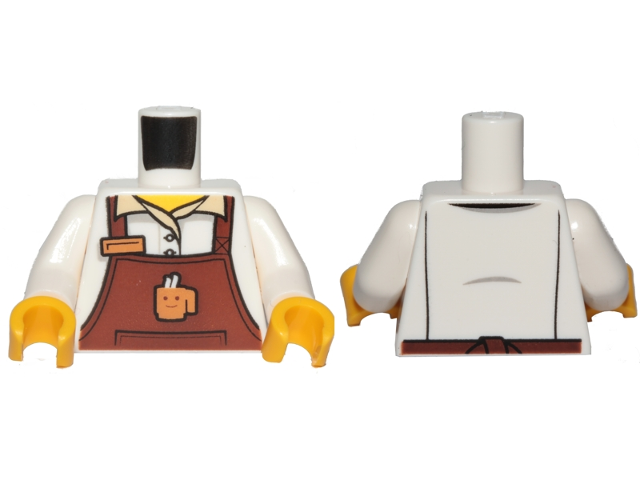 Display of LEGO part no. 973pb3256c01 Torso Reddish Brown Apron with Cup and Name Tag Pattern / Arms / Yellow Hands  which is a White Torso Reddish Brown Apron with Cup and Name Tag Pattern / Arms / Yellow Hands 