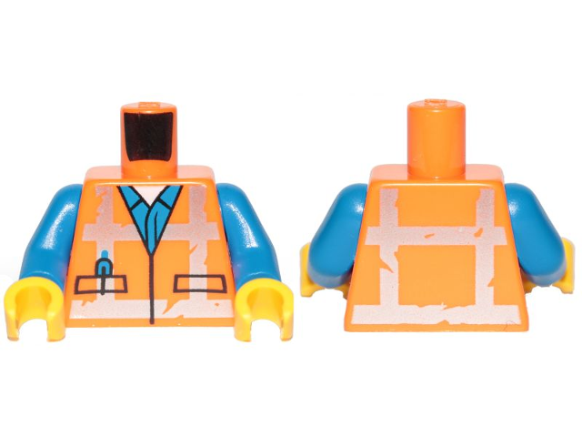 Display of LEGO part no. 973pb3370c01 Torso Safety Vest with Reflective Worn Crossed Stripes over Blue Shirt Pattern / Blue Arms / Yellow Hands  which is a Orange Torso Safety Vest with Reflective Worn Crossed Stripes over Blue Shirt Pattern / Blue Arms / Yellow Hands 