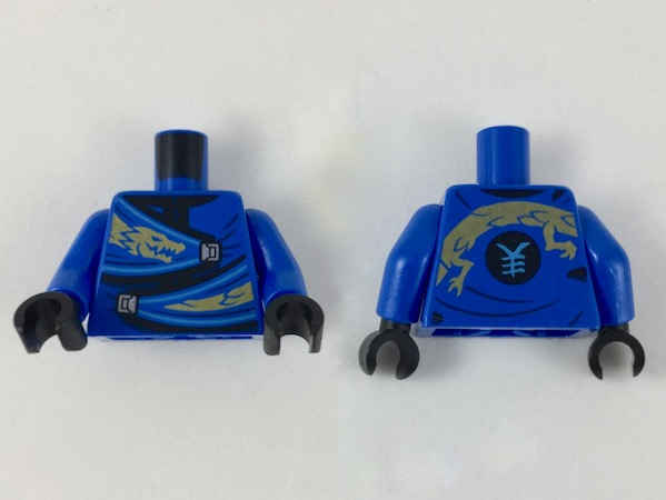 Display of LEGO part no. 973pb3399c01 which is a Blue Torso Wrapped Robe with Gold Dragon Head and Tail, Silver Clasps Pattern / Arms / Black Hands 
