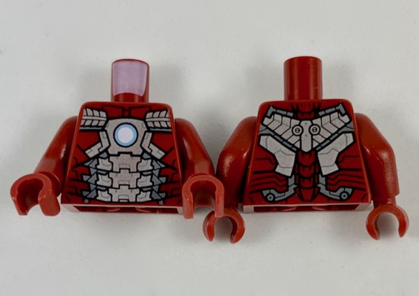 Display of LEGO part no. 973pb3485c01 Torso Armor with Silver Panels and Metallic Light Blue Circle in Center Pattern / Arms / Hands  which is a Dark Red Torso Armor with Silver Panels and Metallic Light Blue Circle in Center Pattern / Arms / Hands 