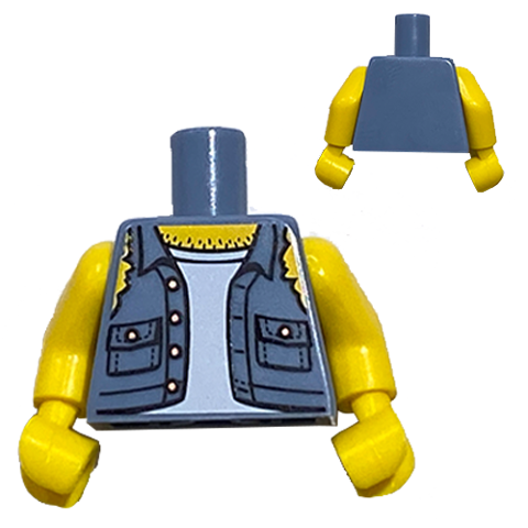 Display of LEGO part no. 973pb3528c01 Torso Shirt Torn Off Sleeves, Buttons on Pockets without Back Print Pattern (BAM) / Yellow Arms / Yellow Hands  which is a Sand Blue Torso Shirt Torn Off Sleeves, Buttons on Pockets without Back Print Pattern (BAM) / Yellow Arms / Yellow Hands 