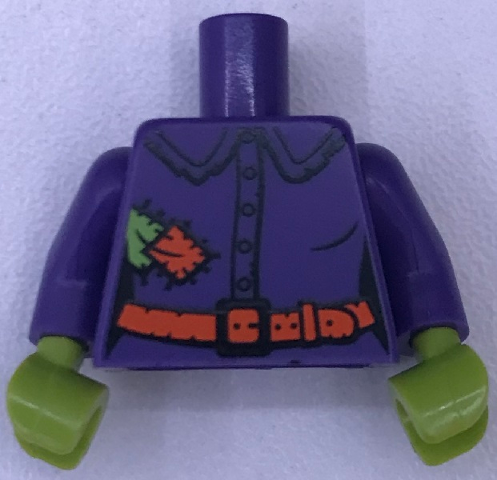 Display of LEGO part no. 973pb3530c01 which is a Dark Purple Torso Female Shirt with Buttons, Orange Belt, Buckle, Lime and Orange Patches Pattern (BAM) / Arms / Lime Hands 