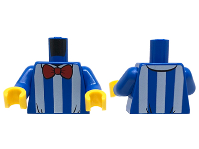 Display of LEGO part no. 973pb3536c01 Torso White Vertical Stripes and Red Bow Tie Pattern / Arms / Yellow Hands  which is a Blue Torso White Vertical Stripes and Red Bow Tie Pattern / Arms / Yellow Hands 
