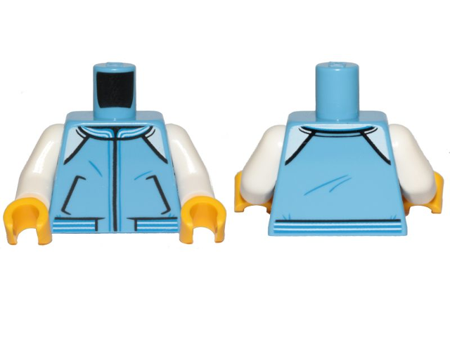 Display of LEGO part no. 973pb3543c01 Torso Town Jacket with Pockets, White Shoulders, Blue and White Waistband Pattern / White Arms / Yellow Hands  which is a Medium Blue Torso Town Jacket with Pockets, White Shoulders, Blue and White Waistband Pattern / White Arms / Yellow Hands 