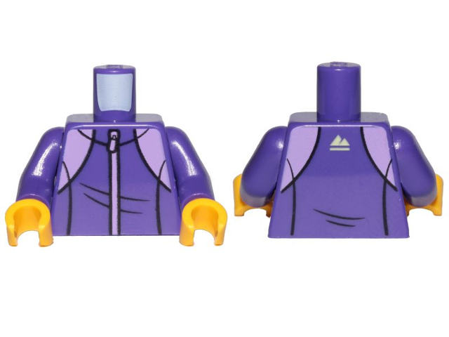 Display of LEGO part no. 973pb3546c01 Torso Tracksuit with Medium Lavender Zipper and White Mountain Logo on Back Pattern / Arms / Yellow Hands  which is a Dark Purple Torso Tracksuit with Medium Lavender Zipper and White Mountain Logo on Back Pattern / Arms / Yellow Hands 