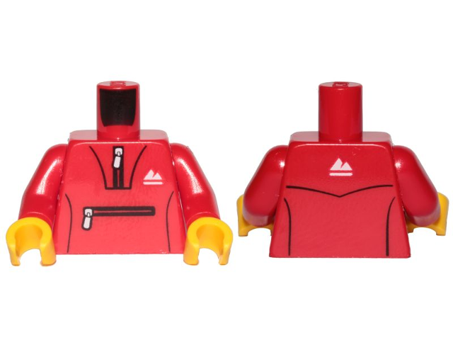 Display of LEGO part no. 973pb3547c01 Torso Tracksuit with White Zippers and Mountain Logo Pattern / Arms / Yellow Hands  which is a Red Torso Tracksuit with White Zippers and Mountain Logo Pattern / Arms / Yellow Hands 