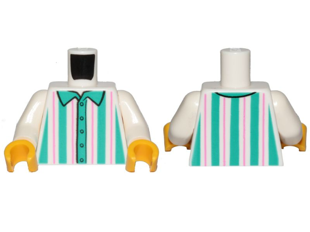 Display of LEGO part no. 973pb3548c01 Torso Shirt with Dark Turquoise and Dark Pink Vertical Stripes Pattern / Arms / Yellow Hands  which is a White Torso Shirt with Dark Turquoise and Dark Pink Vertical Stripes Pattern / Arms / Yellow Hands 