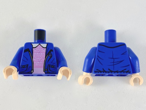 Display of LEGO part no. 973pb3559c01 which is a Blue Torso Jacket over Bright Pink Dress with White Collar and Dark Pink Detail Pattern / Arms / Light Nougat Hands 