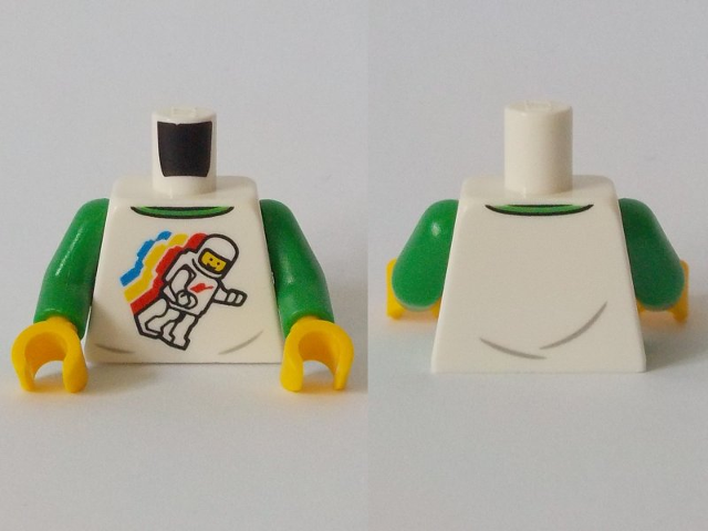 Display of LEGO part no. 973pb3569c01 which is a White Torso Classic Space Minifigure Floating with Light Bluish Gray Wrinkles and Back Print Pattern / Green Arms / Yellow Hands 