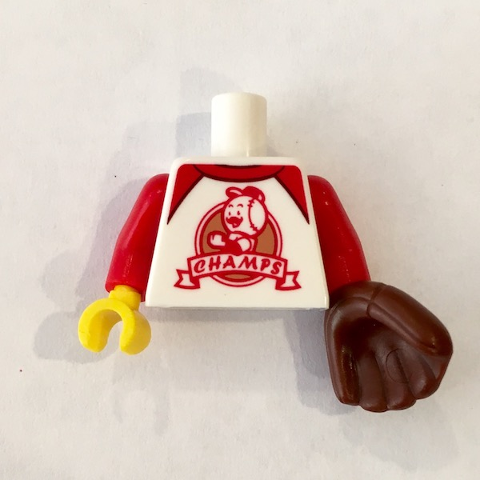 Display of LEGO part no. 973pb3600c01 which is a White Torso T-Shirt with Red Trim and 'CHAMPS' Logo Pattern (BAM) / Red Arms / Yellow Hand Right / Reddish Brown Baseball Glove Left 
