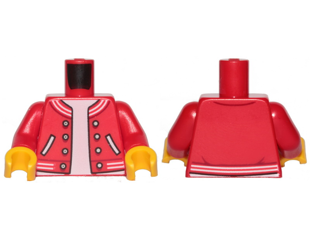 Display of LEGO part no. 973pb3624c01 Torso Jacket with Striped Trim, Silver Buttons, Pockets over White Undershirt Pattern / Arms / Yellow Hands  which is a Red Torso Jacket with Striped Trim, Silver Buttons, Pockets over White Undershirt Pattern / Arms / Yellow Hands 