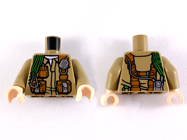 Display of LEGO part no. 973pb3632c01 Torso Jacket with Dark Orange Pouches, Silver Radio and Bright Green Rope Pattern / Arms / Light Nougat Hands  which is a Dark Tan Torso Jacket with Dark Orange Pouches, Silver Radio and Bright Green Rope Pattern / Arms / Light Nougat Hands 
