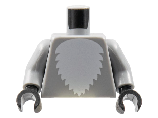 Display of LEGO part no. 973pb3649c02 which is a Light Bluish Gray Torso with White Fur Pattern / Arms / Black Hands 