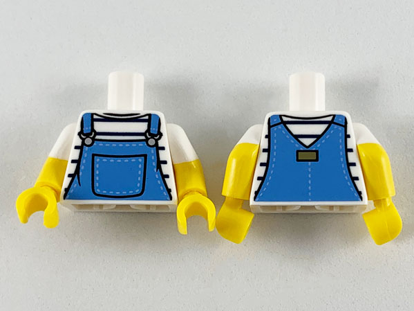 Display of LEGO part no. 973pb3656c01 which is a White Torso Shirt with Black Stripes and Medium Blue Overalls Pattern / Yellow Arms with Molded Short Sleeves Pattern / Yellow Hands 