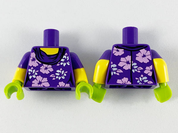Display of LEGO part no. 973pb3658c01 which is a Dark Purple Torso Female with White and Lavender Flowers Pattern / Yellow Arms with Molded Short Sleeves Pattern / Lime Hands 