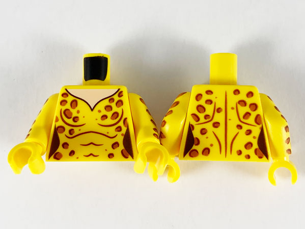 Display of LEGO part no. 973pb3738c01 which is a Yellow Torso Female Catsuit, Light Nougat Neck, Dark Orange Leopard Spots Pattern / Arms with Leopard Spots Pattern / Hands 