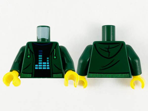Display of LEGO part no. 973pb3780c01 Torso Hoodie with Bright Green Drawstrings and Waist, Equalizer Bars Pattern / Arms / Yellow Hands  which is a Dark Green Torso Hoodie with Bright Green Drawstrings and Waist, Equalizer Bars Pattern / Arms / Yellow Hands 