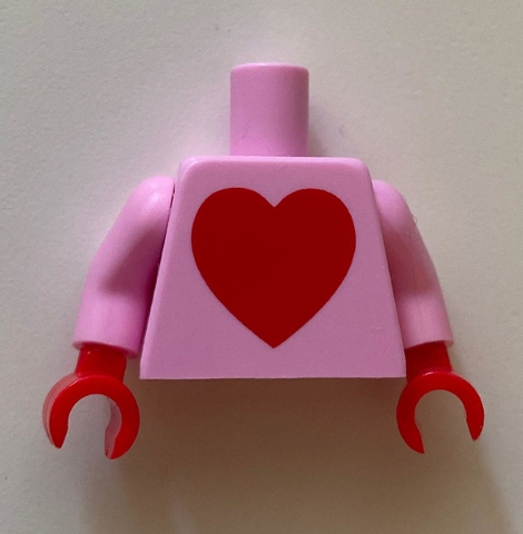 Display of LEGO part no. 973pb3787c01 which is a Bright Pink Torso with Large Red Heart Pattern (BAM) / Arms / Red Hands 