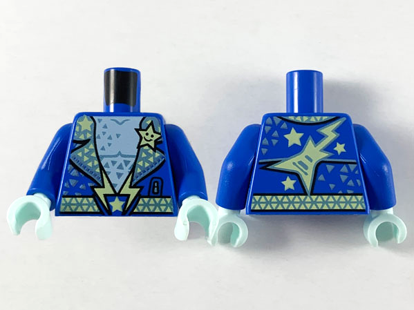 Display of LEGO part no. 973pb3807c01 which is a Blue Torso Jacket with Metallic Light Lapels and Triangles, Yellowish Green Star and Lightning Pattern / Arms / Light Aqua Hands 