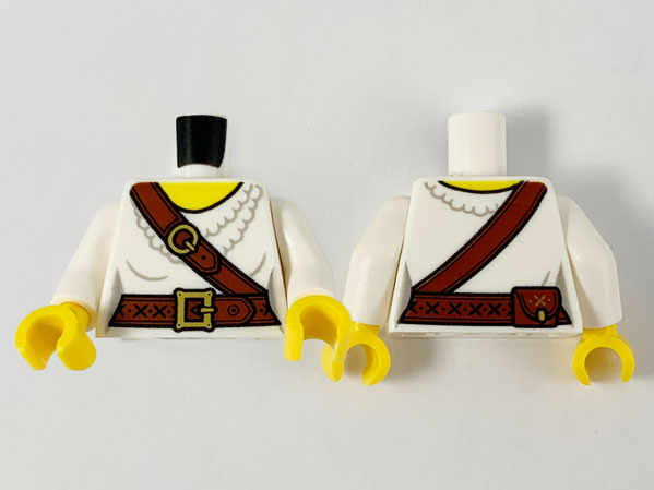 Display of LEGO part no. 973pb3867c01 which is a White Torso Female Pirate Ruffled Shirt, Reddish Brown Belts with Gold Buckles, Pouch, Yellow Neck Pattern / Arms / Yellow Hands 