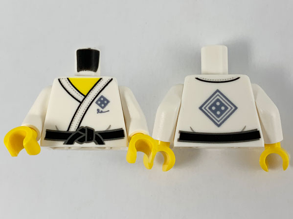Display of LEGO part no. 973pb3872c01 which is a White Torso Gi with Dark Bluish Gray Diamond on Lapel and Back, Black Belt Pattern / Arms / Yellow Hands 