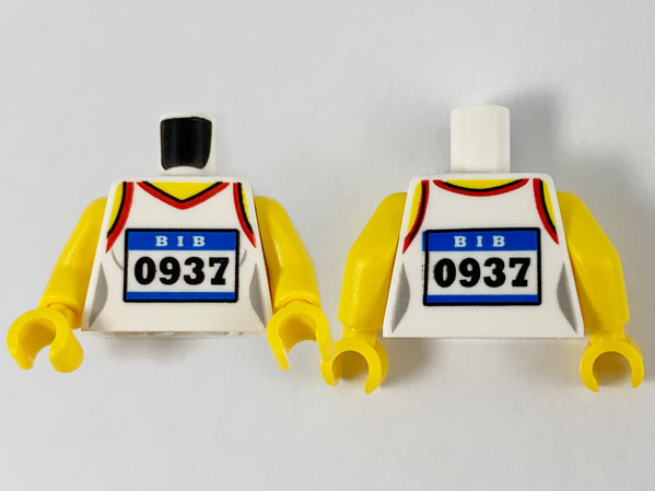 Display of LEGO part no. 973pb3873c01 which is a White Torso Female Shirt, Red Hems and Racing Bib with 'BIB 0937' Pattern / Yellow Arms / Yellow Hands 