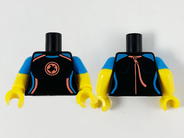Display of LEGO part no. 973pb3874c01 which is a Black Torso Female Wetsuit, Coral and Dark Azure Trim and Turtle Logo Pattern / Yellow Arms with Molded Dark Azure Short Sleeves Pattern / Yellow Hands 