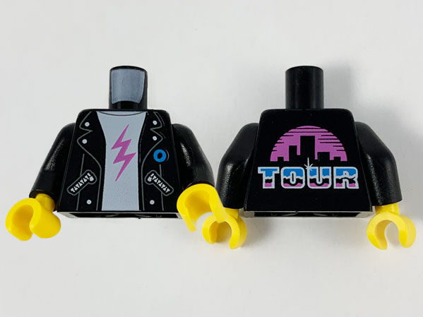 Display of LEGO part no. 973pb3875c01 Torso Jacket, White Shirt with Dark Pink Lightning Bolt, 'TOUR' and Cityscape on Back Pattern / Arms / Yellow Hands  which is a Black Torso Jacket, White Shirt with Dark Pink Lightning Bolt, 'TOUR' and Cityscape on Back Pattern / Arms / Yellow Hands 