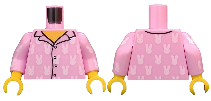 Display of LEGO part no. 973pb3876c01 which is a Bright Pink Torso Pajamas 4 Buttons and White Rabbits Pattern / Arms with White Rabbits Pattern / Yellow Hands 