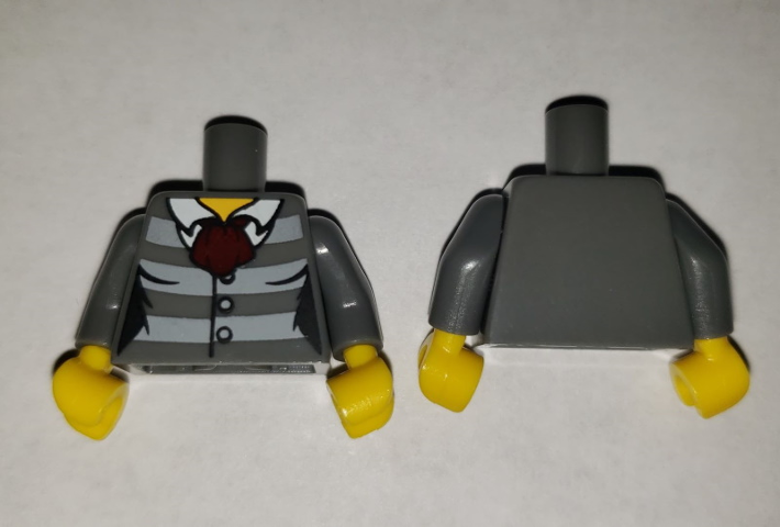 Display of LEGO part no. 973pb3890c01 Torso Female Jacket with Light Bluish Gray Stripes, 3 Buttons and Dark Red Scarf without Back Print Pattern / Arms / Yellow Hands  which is a Dark Bluish Gray Torso Female Jacket with Light Bluish Gray Stripes, 3 Buttons and Dark Red Scarf without Back Print Pattern / Arms / Yellow Hands 