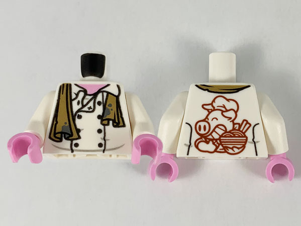 Display of LEGO part no. 973pb3894c01 which is a White Torso Chef Jacket, Dark Tan Dirty Towel with Dark Bluish Gray Splotches, Dark Red Pigsy Logo on Back Pattern / Arms / Bright Pink Hands 