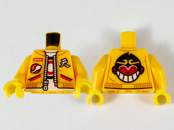 Display of LEGO part no. 973pb3897c01 which is a Bright Light Orange Torso Jacket with Zipper, White T-Shirt with Black and Red Circles and Monkey King on Back Pattern / Arms / Yellow Hands 