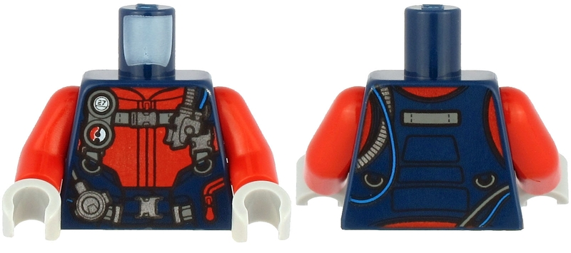 Display of LEGO part no. 973pb3900c01 which is a Dark Blue Torso Diving Suit with Red Zippers, Gauge, Regulator and Harness with Silver Buckles Pattern / Red Arms / Light Bluish Gray Hands 