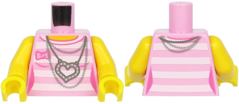 Display of LEGO part no. 973pb3947c01 which is a Bright Pink Torso Female Outline Shirt with White Stripes, Silver Chains and Heart Necklace Pattern / Yellow Arms / Yellow Hands 