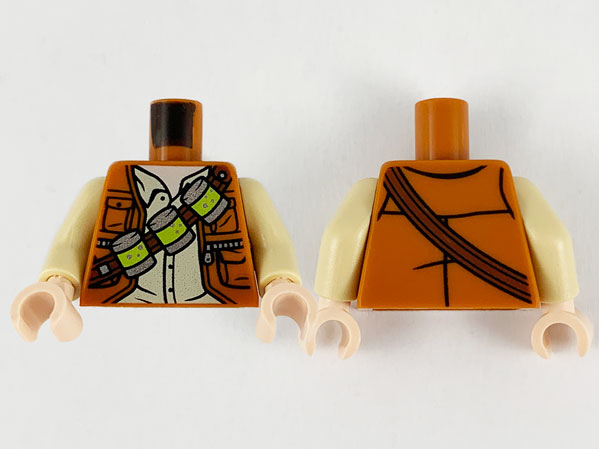 Display of LEGO part no. 973pb3961c01 Torso Jacket over Tan Shirt, Reddish Brown Bandolier with 3 Silver and Lime Canisters Pattern / Tan Arms / Light Nougat Hands  which is a Dark Orange Torso Jacket over Tan Shirt, Reddish Brown Bandolier with 3 Silver and Lime Canisters Pattern / Tan Arms / Light Nougat Hands 