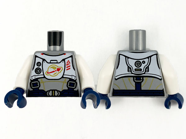 Display of LEGO part no. 973pb3962c01 Torso Spacesuit with Gold Lines, Dark Blue Harness with Silver Buckles, and White Panel with Classic Space Logo Pattern / White Arms / Dark Blue Hands  which is a Flat Silver Torso Spacesuit with Gold Lines, Dark Blue Harness with Silver Buckles, and White Panel with Classic Space Logo Pattern / White Arms / Dark Blue Hands 