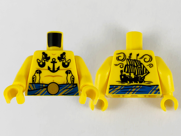 Display of LEGO part no. 973pb3965c01 which is a Yellow Torso Pirate Bare Chest with Muscles Outline, Blue Sash with Gold Stripes and Clasp, Black Anchor, Mermaids, Parrots, and Ship Tattoos Pattern / Arms / Hands 