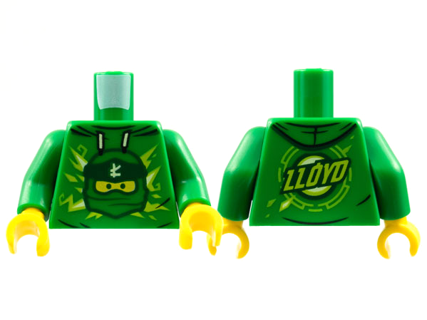 Display of LEGO part no. 973pb3970c01 Torso Hoodie with Ninjago Lloyd's Head, Logogram 'L' and Name on Back Pattern / Arms / Yellow Hands  which is a Green Torso Hoodie with Ninjago Lloyd's Head, Logogram 'L' and Name on Back Pattern / Arms / Yellow Hands 