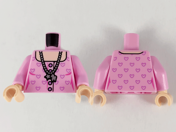 Display of LEGO part no. 973pb3979c01 which is a Bright Pink Torso Female, Silver Necklace with Charms, Light Nougat Neck and Medium Lavender Heart Outlines Pattern / Arms / Light Nougat Hands 
