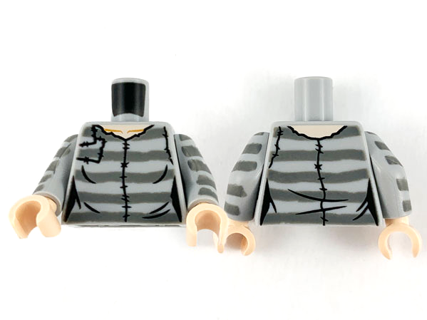 Display of LEGO part no. 973pb4015c01 which is a Light Bluish Gray Torso Female Prisoner Shirt and 5 Dark Bluish Gray Prison Stripes Pattern / Arms with 5 Dark Bluish Gray Stripes Pattern / Light Nougat Hands 