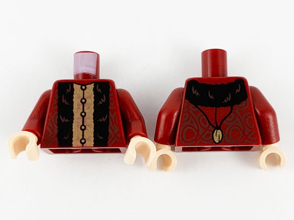 Display of LEGO part no. 973pb4017c01 which is a Dark Red Torso Robe with Dark Brown Filigree, Black Stripes, Copper and Gold Center Panel Pattern / Arms / Light Nougat Hands 