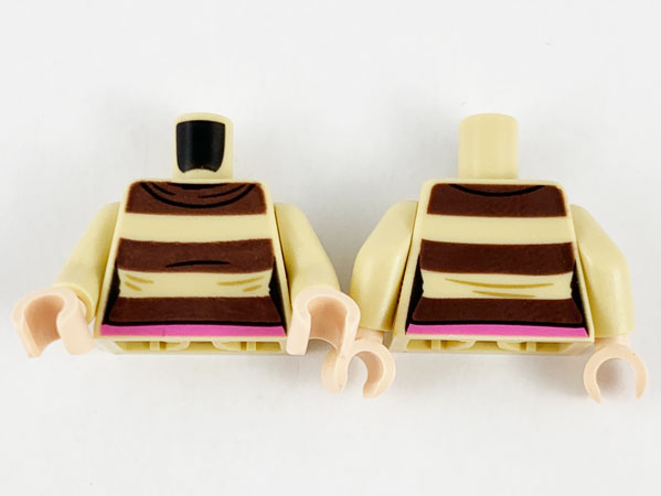 Display of LEGO part no. 973pb4018c01 which is a Tan Torso Female with 3 Dark Brown Stripes and Dark Pink Belt Pattern / Arms / Light Nougat Hands 