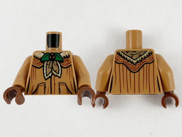 Display of LEGO part no. 973pb4020c01 which is a Medium Nougat Torso Female Robe with Green and Red Holly Brooch and Large Pockets Pattern / Arms / Reddish Brown Hands 