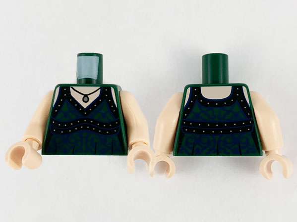 Display of LEGO part no. 973pb4024c01 which is a Dark Green Torso Female Dress, Silver Pendant, Black Straps, Hems and Dark Blue Filigree Pattern / Light Nougat Arms / Light Nougat Hands 
